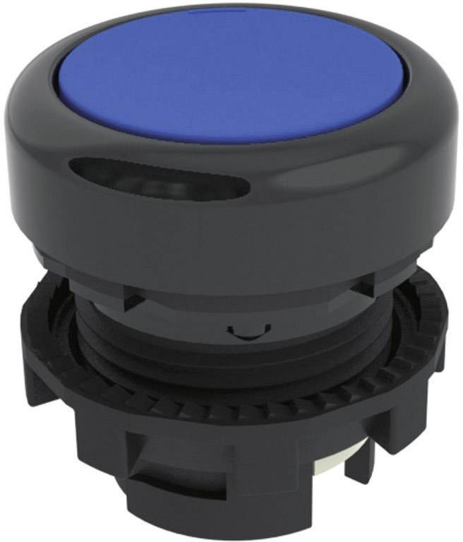Bouton-poussoir rond bleu dans un boîtier noir. Le bouton est destiné à des applications de commande mécaniques ou électroniques.