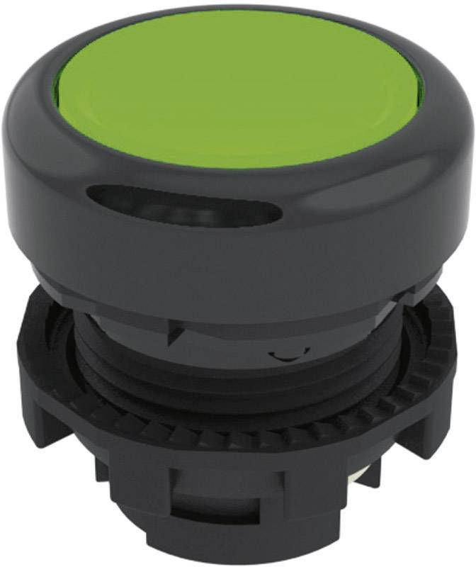 Bouton-poussoir rond vert sur fond blanc.