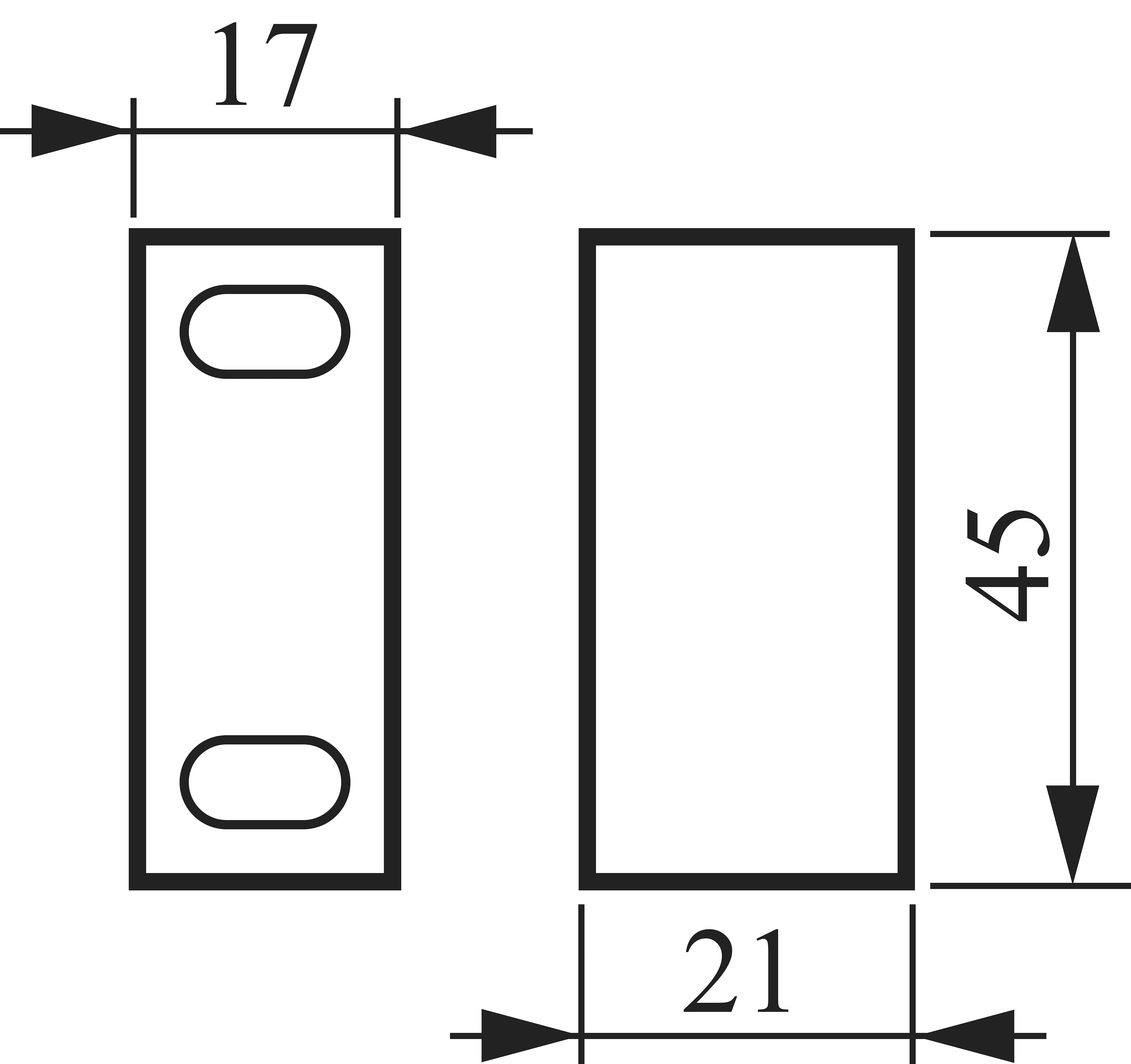 Dessin technique d'un composant rectangulaire avec les dimensions suivantes : 17 mm de largeur, 21 mm de profondeur, 45 mm de hauteur.