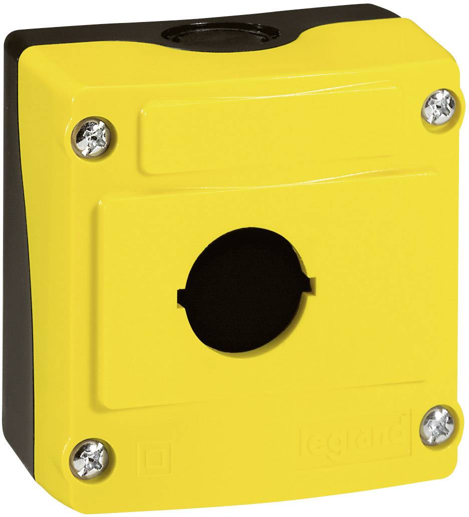 Boîtier en plastique jaune avec une découpe circulaire au centre et quatre vis apparentes aux coins, adapté pour les boutons d'arrêt d'urgence.