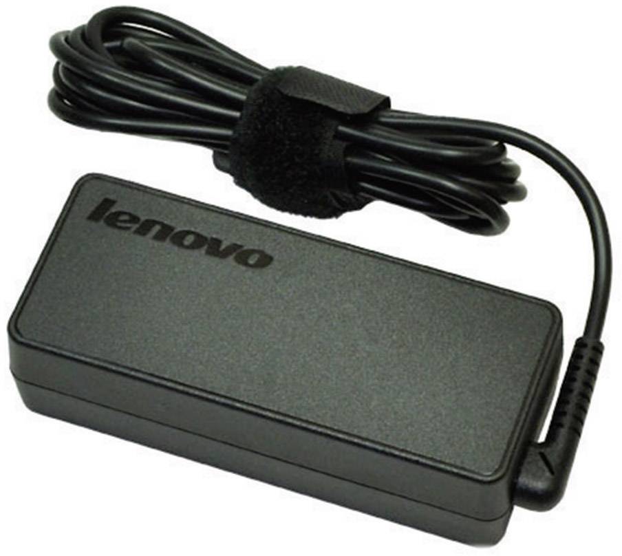 Adaptateur secteur noir Lenovo pour ordinateur portable avec câble enroulé.