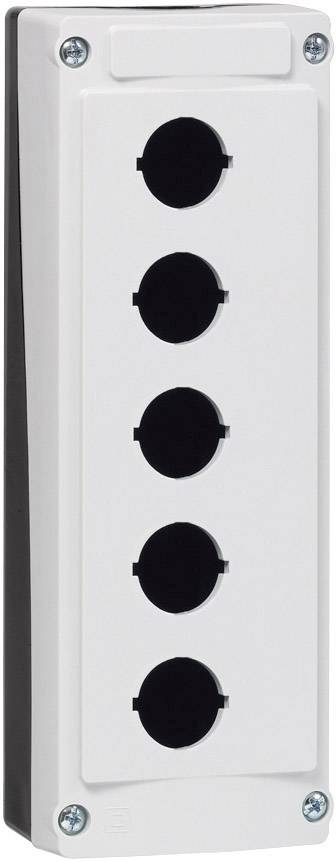 Cinq ouvertures circulaires noires disposées verticalement sur une surface rectangulaire blanche, probablement un boîtier pour interrupteurs.