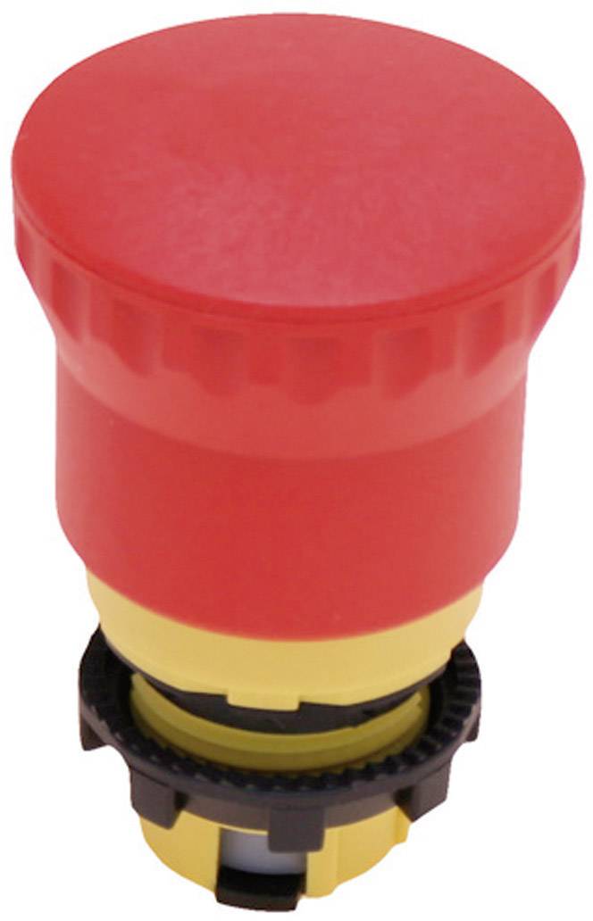 Un bouton d'arrêt d'urgence rouge avec un anneau jaune et une base noire, conçu pour arrêter rapidement les machines en cas d'urgence.