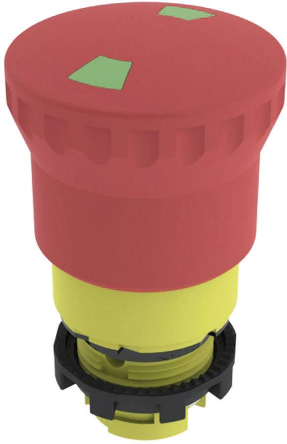 Bouton d'arrêt d'urgence rouge avec un symbole de flèche verte en haut. Utilisé pour l'arrêt immédiat des machines en cas d'urgence.