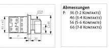 Diagramme en noir et blanc d'un connecteur électrique avec ses dimensions. Tableau à droite indiquant les mesures pour différents groupes de contacts.