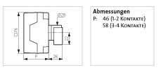 Dessin technique d'un connecteur avec dimensions : longueur 46 mm (1-2 contacts) ou 58 mm (3-4 contacts), diamètre 27 mm.