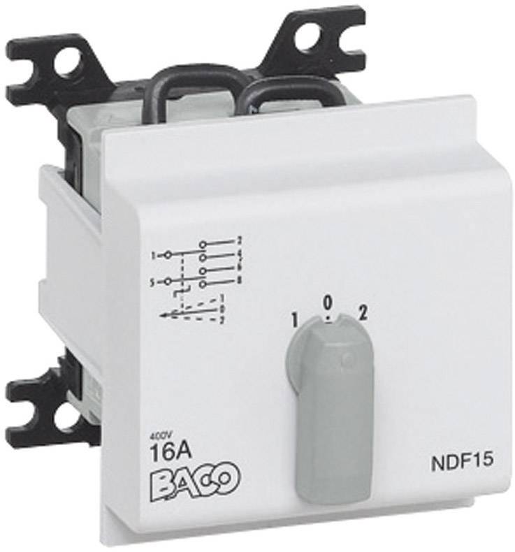 Un commutateur rotatif gris portant l'inscription 'BACO' et '16A, 400V'. Il comporte les positions 0, 1, 2 et un schéma de commutation.