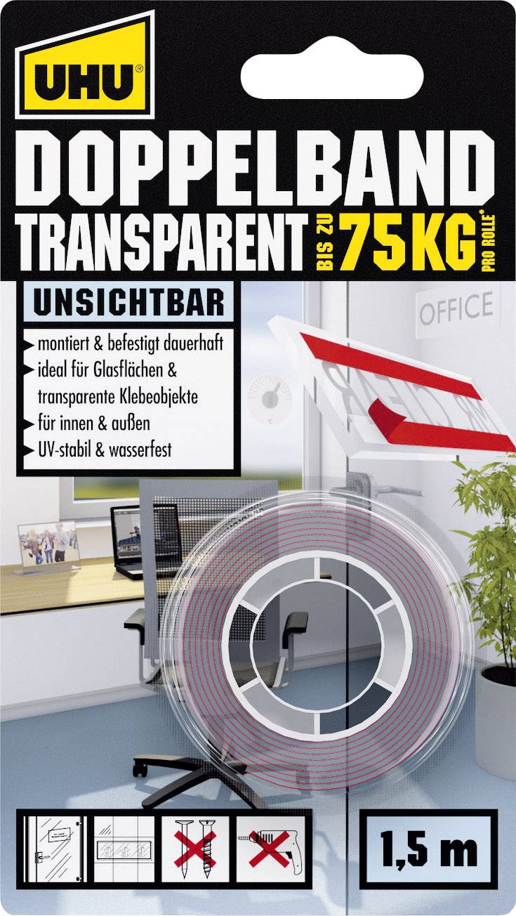 Ruban adhésif double face transparent, supporte jusqu'à 75 kg, idéal pour les surfaces vitrées, résistant aux UV, longueur de 1,5 m.