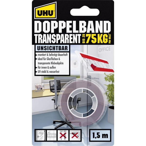Ruban adhésif double-face UHU® UHU 45375 transparent (L x l) 1.5 m x 19 mm 1 pc(s) Ruban adhésif double-face UHU® UHU 45375 transparent (L x l) 1.5 m x 19 mm 1 pc(s)