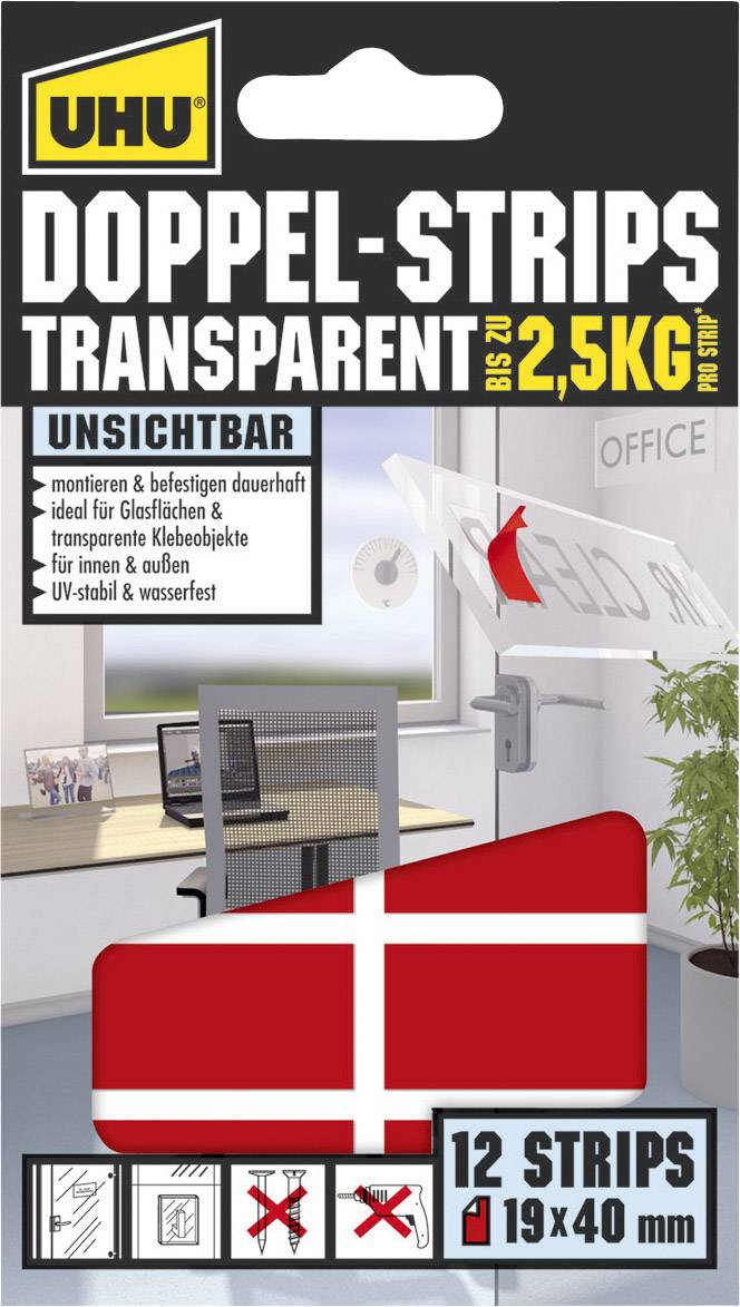 Emballage de bandes adhésives UHU Double-Strips, transparentes, résistantes jusqu'à 2,5 kg. Adaptées aux surfaces vitrées, avec 12 bandes par paquet.