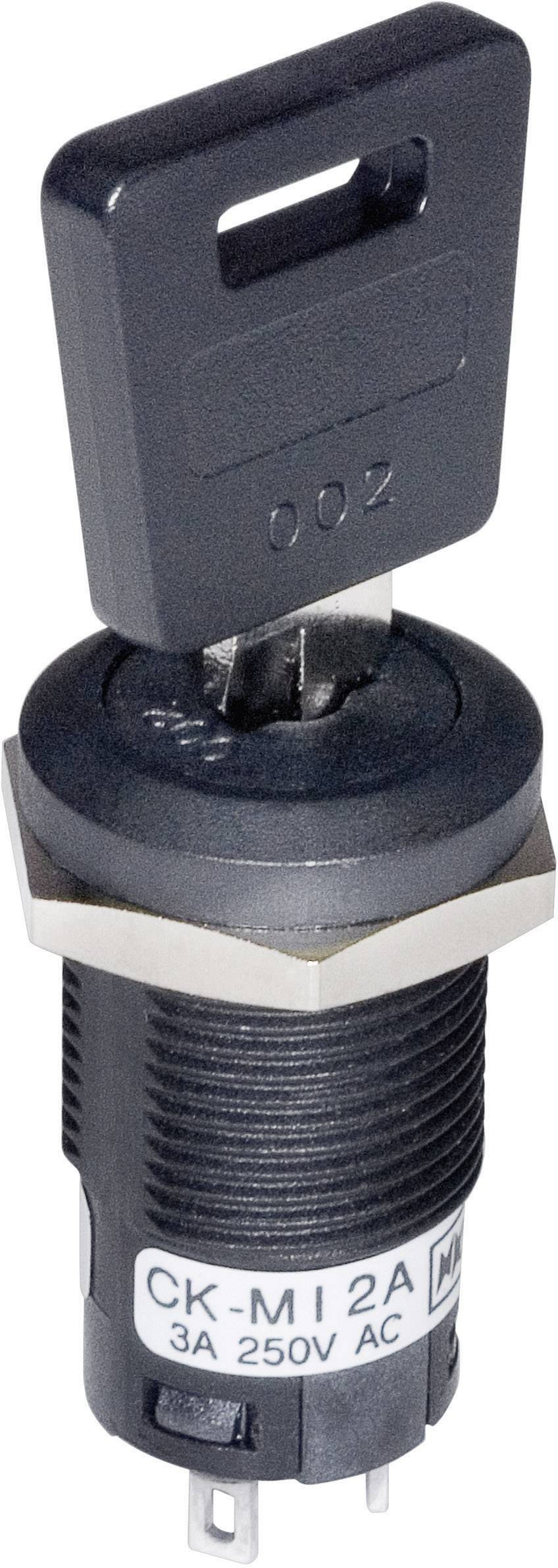 Un interrupteur à clé noir avec clé amovible, étiqueté 'CK-MI 2A 3A 250V AC', pour le contrôle d'appareils électriques.