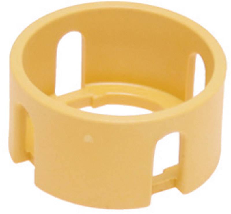 Un anneau en plastique jaune avec quatre échancrures rectangulaires, utilisé comme composant ou support.