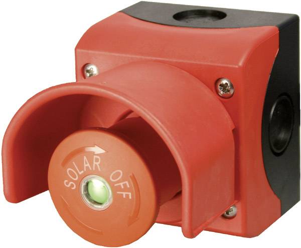 Interrupteur rouge avec capot de protection, étiqueté 'SOLAR OFF', probablement utilisé pour éteindre une installation solaire.