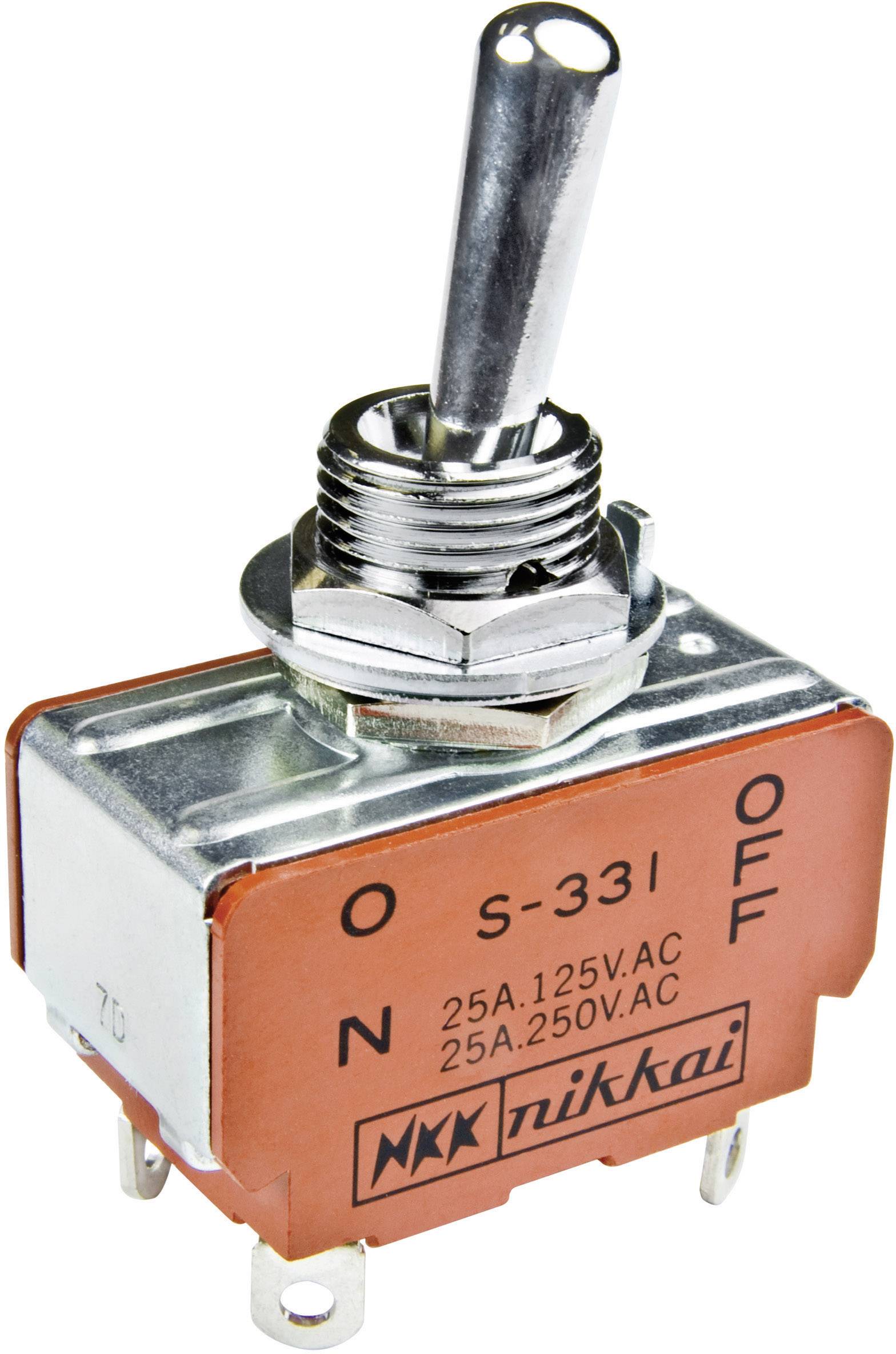 Un interrupteur à bascule rouge portant les mentions 'ON' et 'OFF', modèle S-331, 25A 125V CA, 25A 250V CA, marque Nikkai.