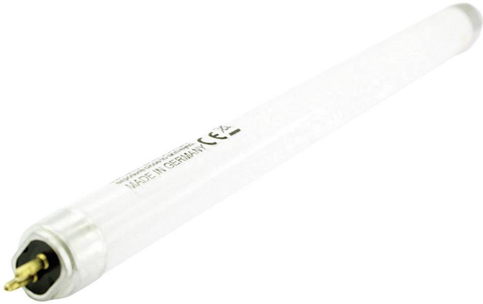 Tube fluorescent blanc, cylindrique, avec deux broches métalliques à une extrémité, portant l'inscription « Made in Germany ».