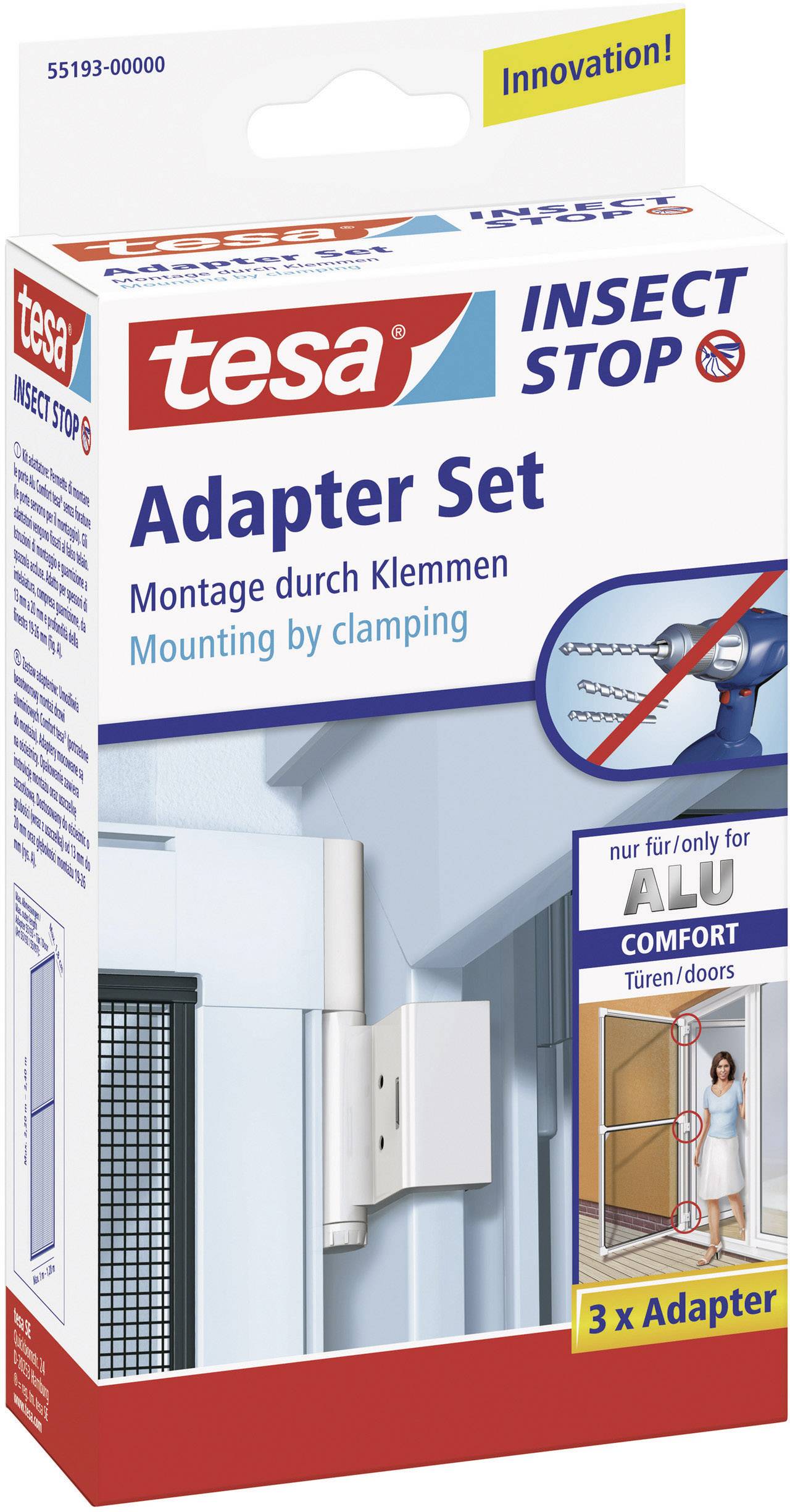 Set d'adaptateurs pour la fixation de grilles anti-insectes sur des portes en aluminium, montage par serrage. Contient 3 adaptateurs.