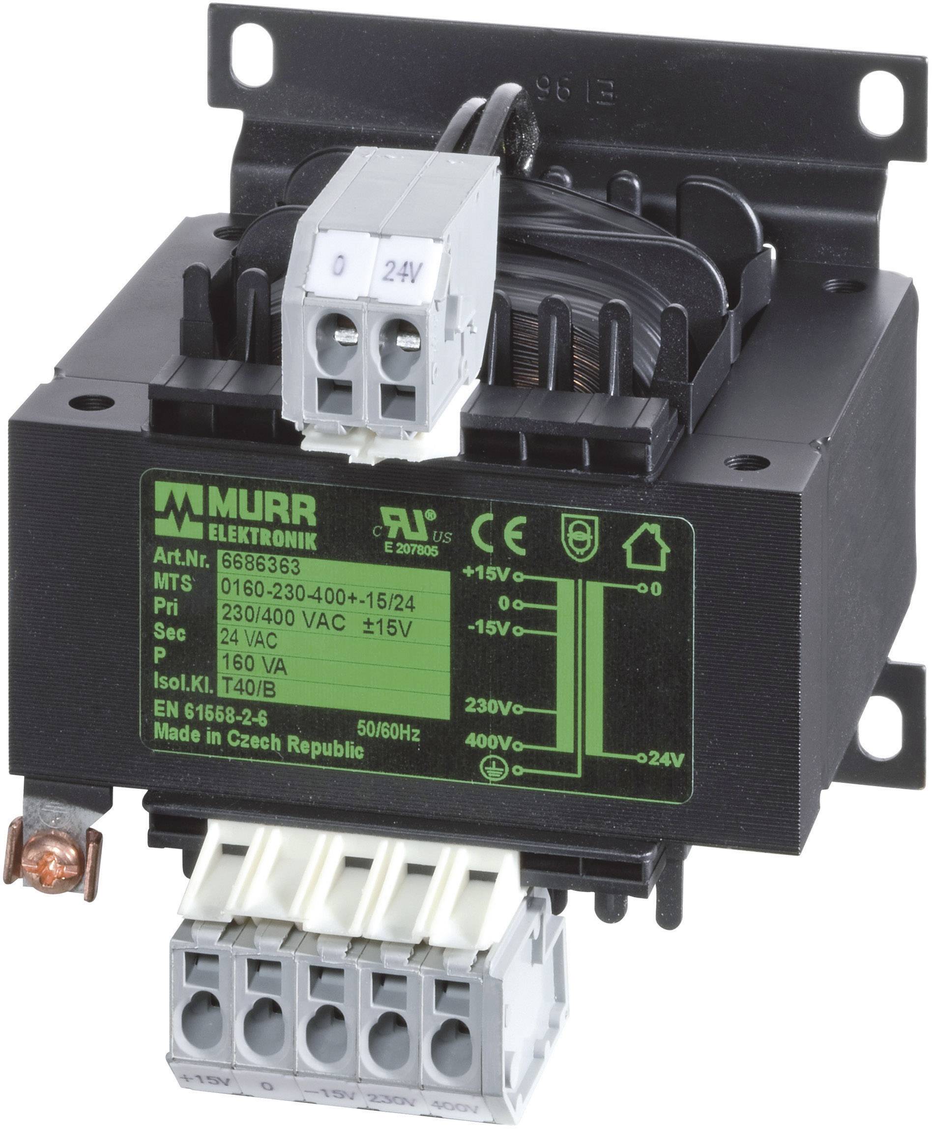 Un transformateur noir de la marque Murr Elektronik avec des spécifications techniques sur une étiquette verte, les bornes de connexion étant visibles.