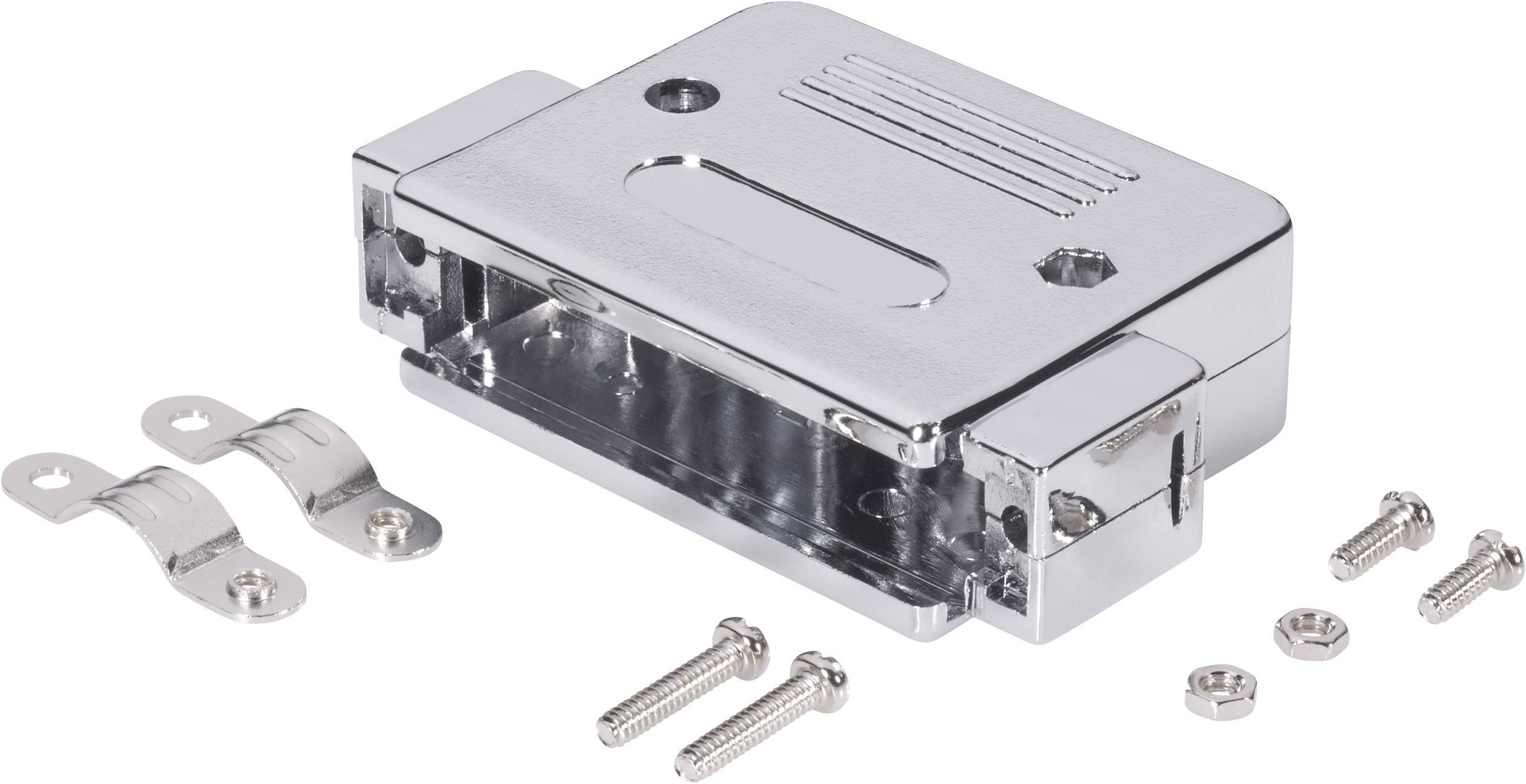 Boîtier de connecteur métallique avec deux pattes de fixation et quatre vis, adapté pour protéger les connexions électriques.