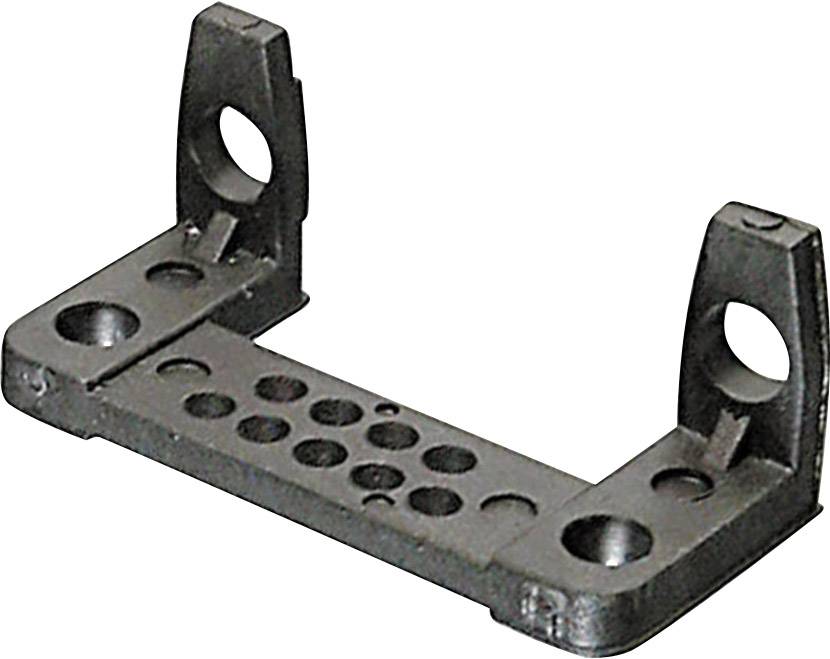 Équerre métallique noire, rectangulaire, percée de plusieurs trous ronds, utilisée à des fins de montage dans des constructions techniques.