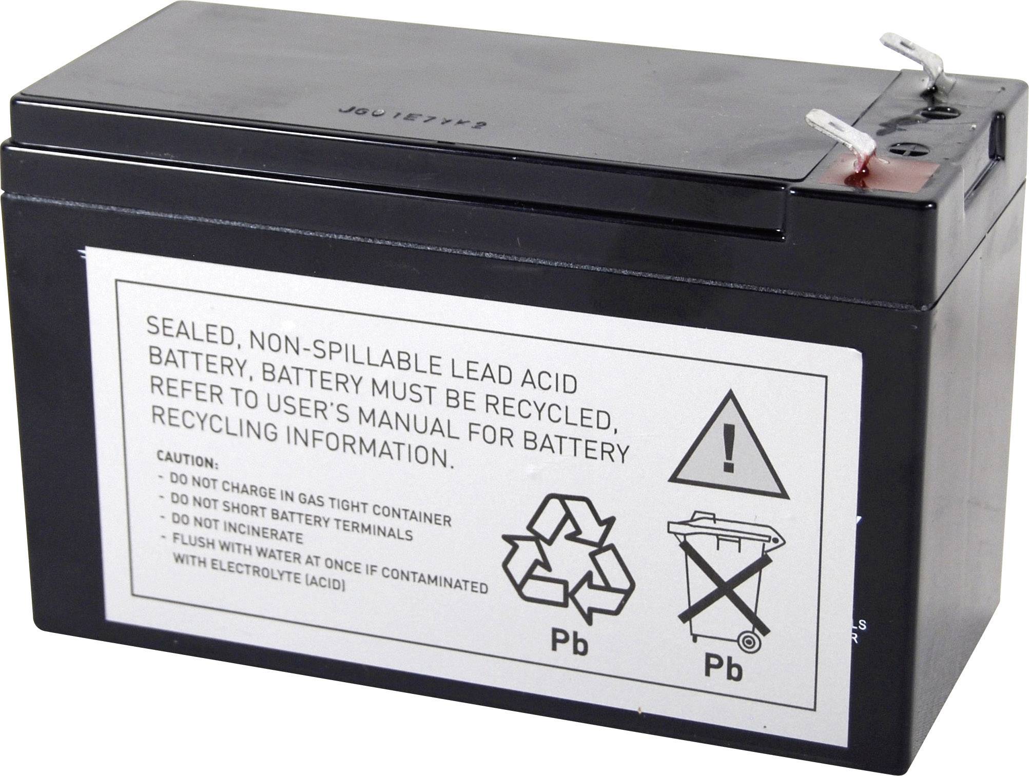 Batterie au plomb scellée, de couleur noire, avec des avertissements et des symboles de recyclage sur la face avant. Texte principal : « Batterie au plomb scellée, non déversable ».