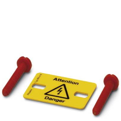 Deux boulons rouges et un panneau d'avertissement jaune portant l'inscription 'Attention Danger' et un symbole d'éclair, symbolisent un danger électrique.