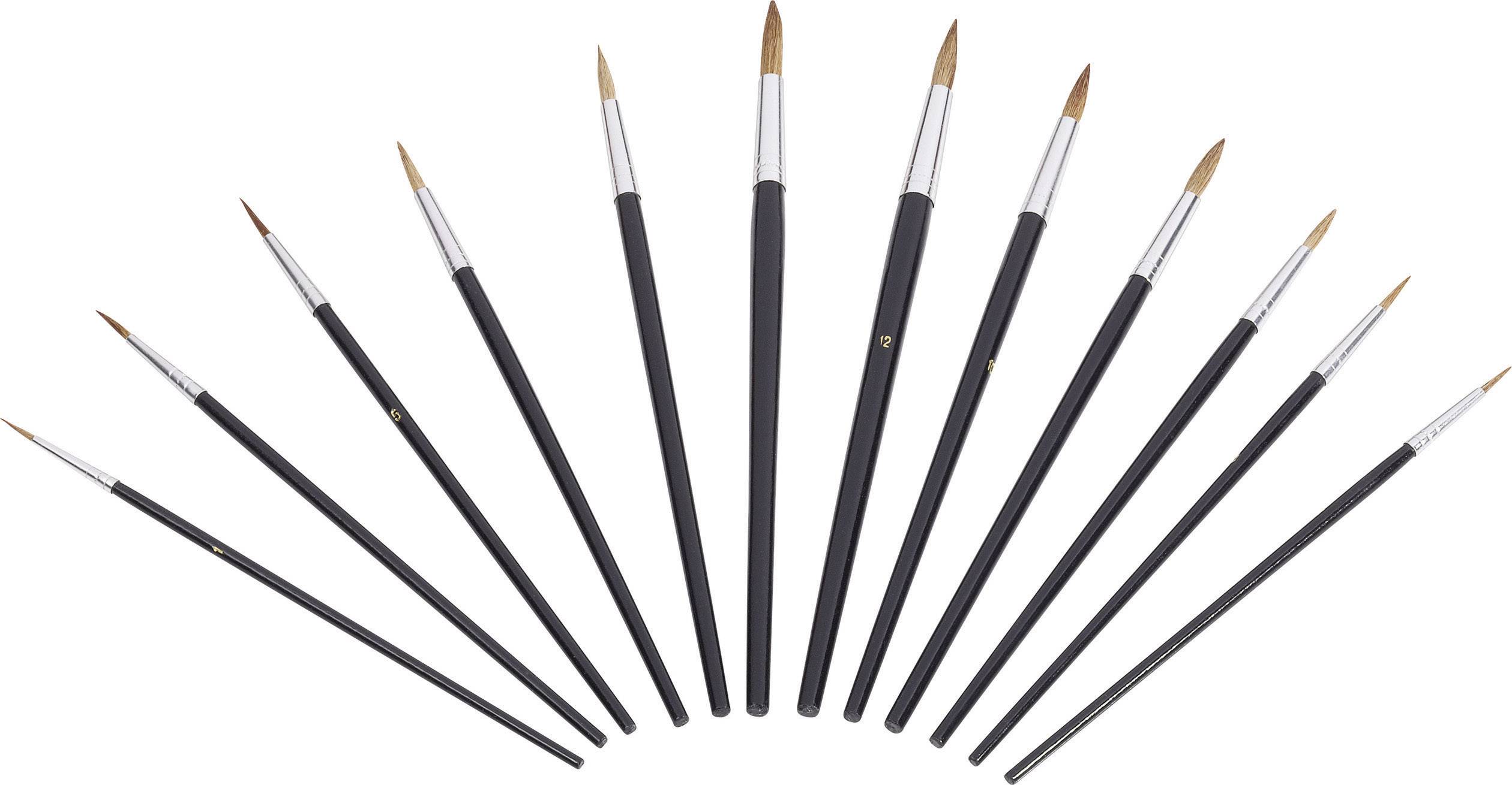 Un éventail composé de onze pinceaux noirs avec des bagues argentées et des poils bruns, disposés uniformément sur un fond blanc.