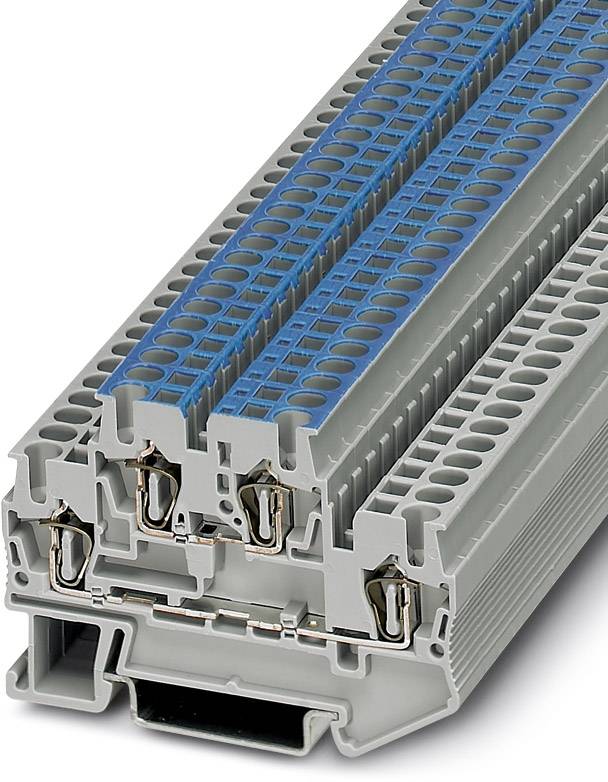 Bornes de connexion gris et bleu à plusieurs étages pour câblage électrique, présentées sur un fond blanc.