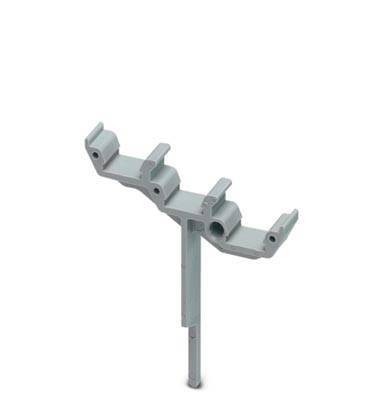 Une pièce grise en plastique avec trois supports ouverts sur une tige, probablement utilisée pour fixer des câbles ou des barres.