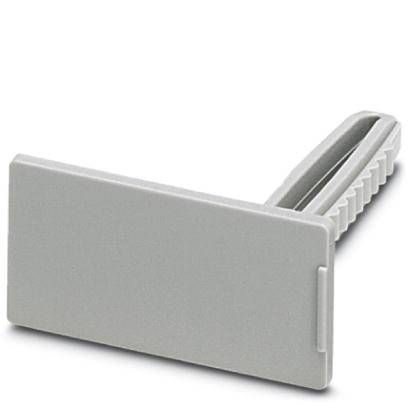 Pièce en plastique grise avec plaque rectangulaire et face arrière dentée, utilisée comme élément de couverture dans les installations électriques.