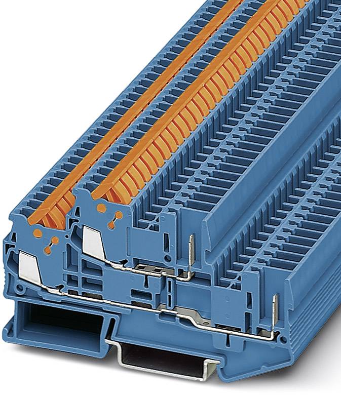 Barrette de connexion multicouche bleue avec support de câble orange, adaptée pour la connexion sécurisée de plusieurs conducteurs électriques dans les armoires électriques.