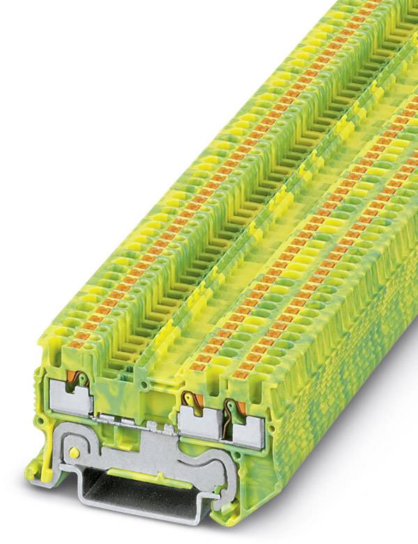 Un bloc de bornes de jonction jaune-vert avec plusieurs connexions et contacts métalliques, utilisé pour les connexions électriques dans les armoires électriques.