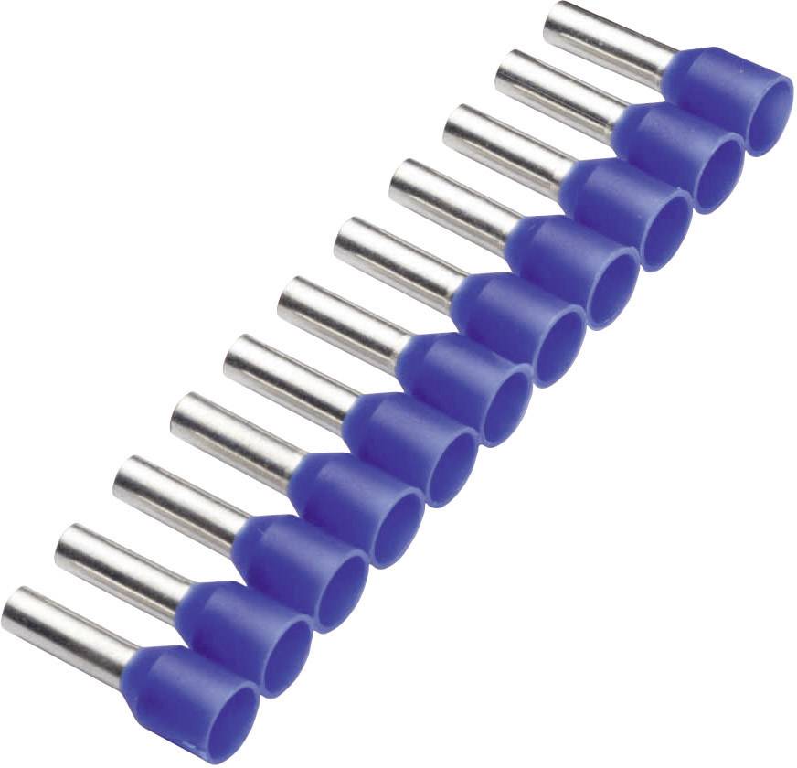 Plusieurs cosses de câble bleues avec des embouts métalliques, disposées en ligne.