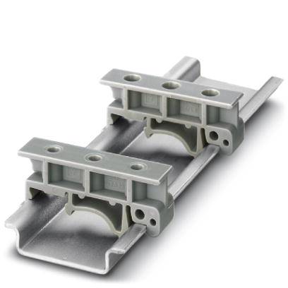 Pinces métalliques montées sur une rail de support métallique. Elles servent à fixer des composants électriques dans des tableaux de distribution.