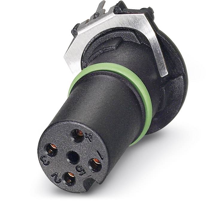 Prise électrique noire, cylindrique, avec cinq broches métalliques et un anneau vert, orientée sur le côté.