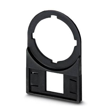 Support en plastique, noir, avec une ouverture circulaire en haut et une découpe rectangulaire en bas.