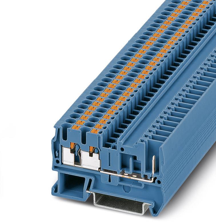 Barrette de connexion électrique bleue avec des fils orange, utilisée pour le câblage dans les tableaux électriques et les applications électriques.