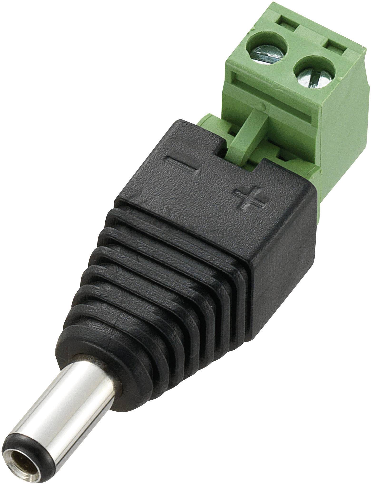 Adaptateur DC noir avec bloc de connexion vert qui permet une connexion de câble simple. Marqué avec les symboles '+' et '-'.