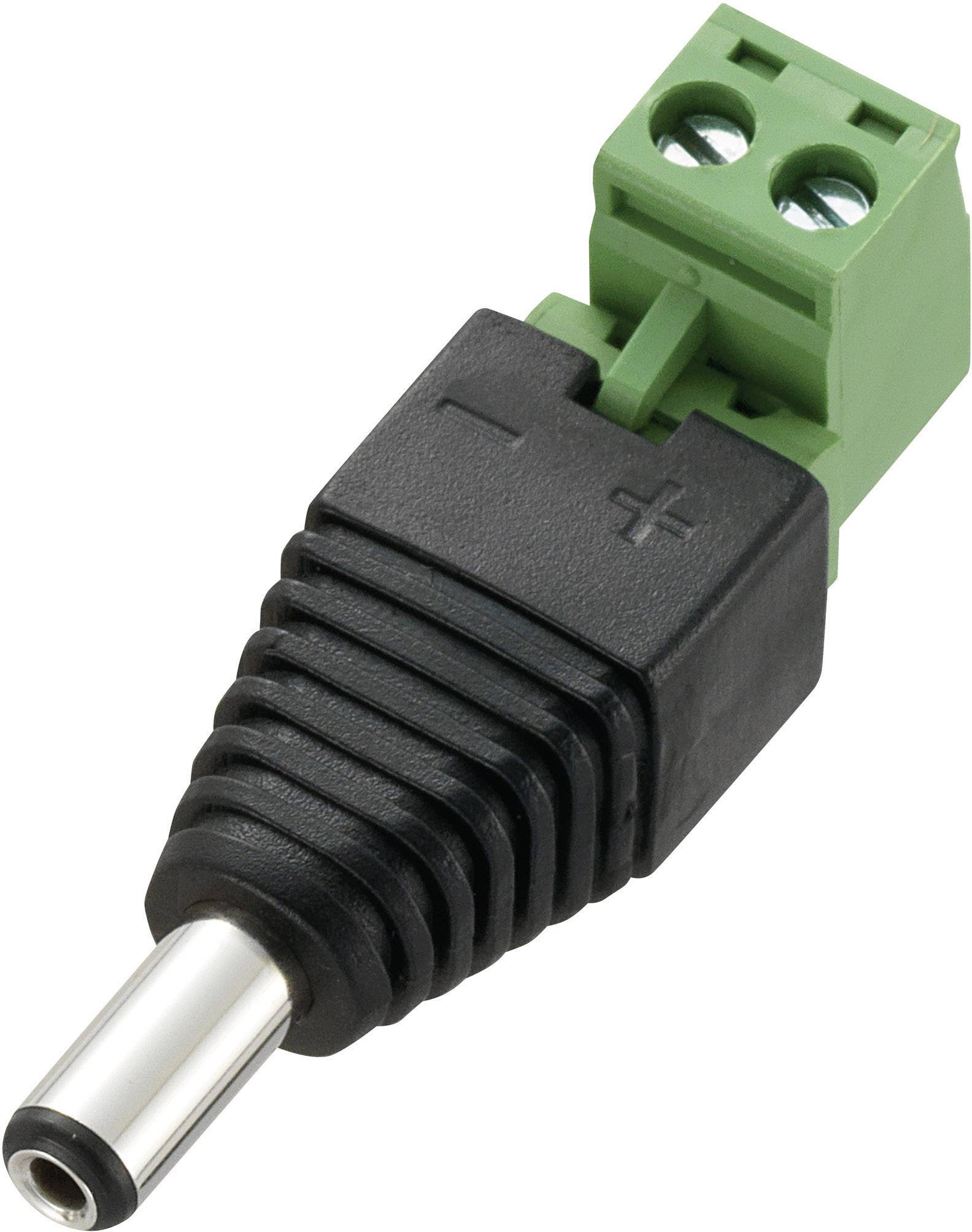 Adaptateur d'alimentation avec boîtier en plastique noir, fiche argentée et borne de vis verte.