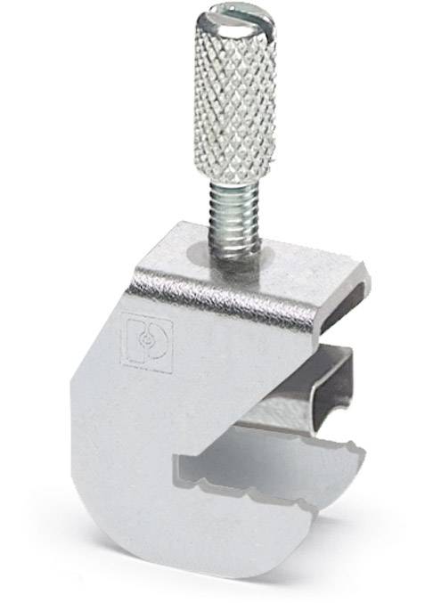 Une pince en argent avec une poignée cannelée et un logo estampé. Adaptée pour la fixation d'objets sur des structures métalliques.