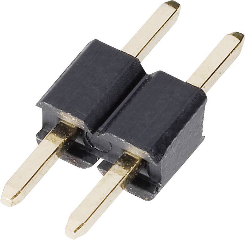 Connecteur à barrette à deux pôles, avec broches dorées et boîtier en plastique noir, adapté pour les connexions électroniques.