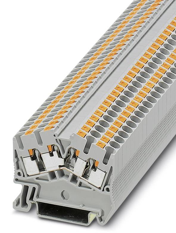 Un bloc de bornes gris avec des leviers orange, utilisé dans l'installation électrique pour connecter des fils de manière sûre.