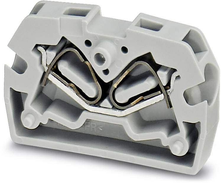 Bloc de bornes électrique gris à deux points de connexion et contacts métalliques, utilisé pour relier des fils.