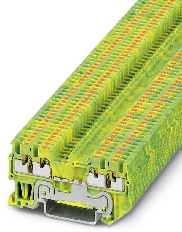 Bornes de jonction jaunes et vertes avec connexion métallique, utilisées dans les armoires électriques pour la connexion de câbles et la distribution du courant.