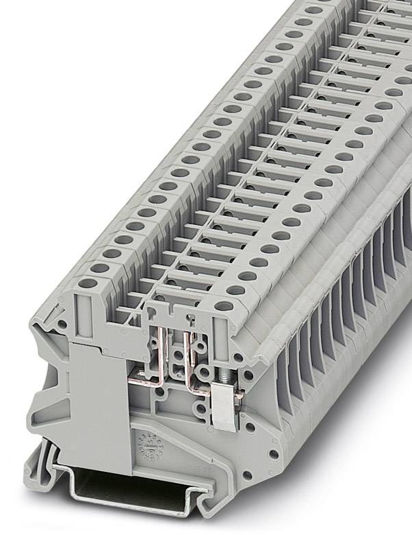 Barrette de raccordement grise à plusieurs bornes pour le câblage électrique, couramment utilisée dans les armoires électriques pour l'organisation des câbles.