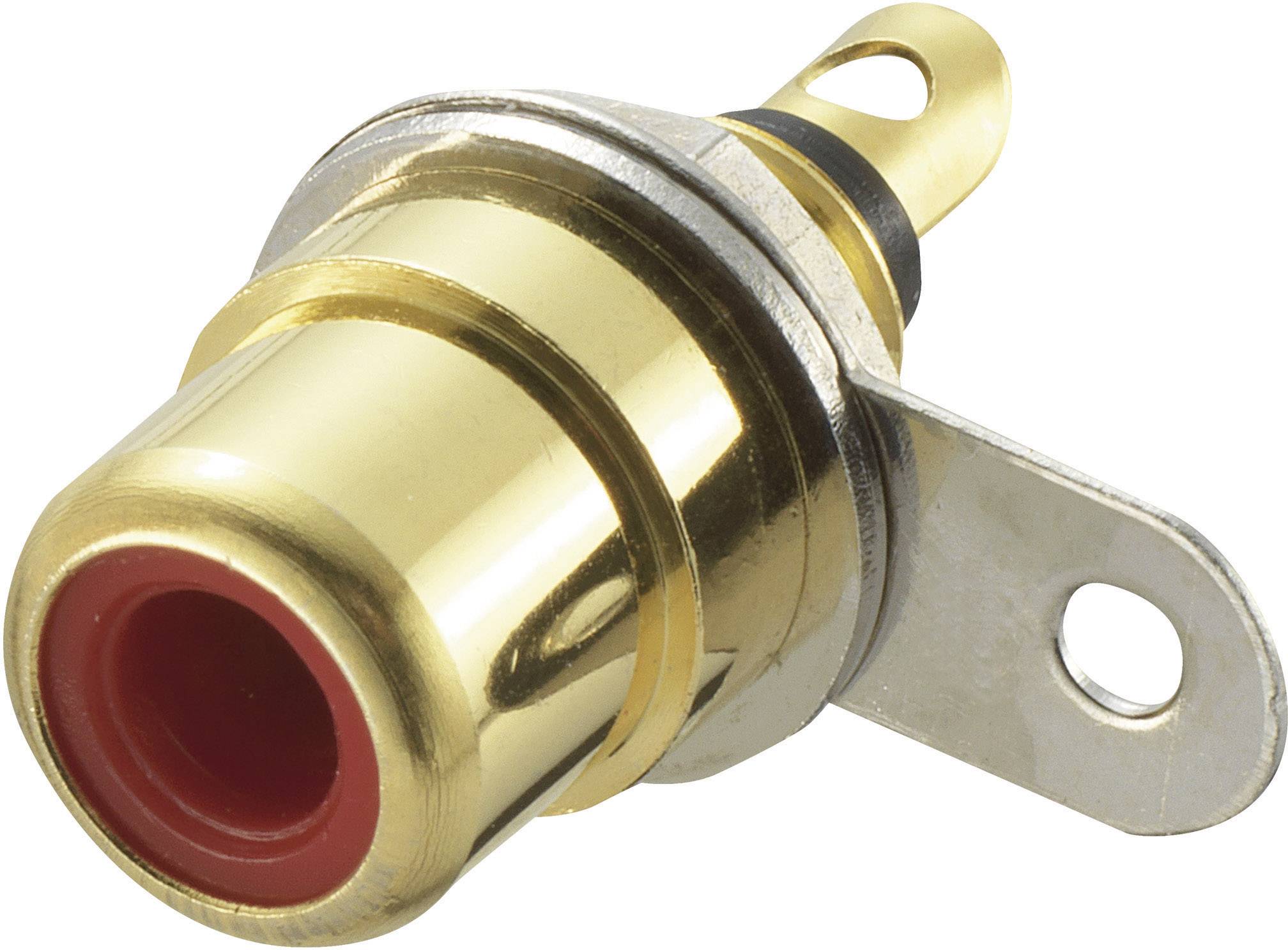 Connecteur RCA doré avec anneau intérieur rouge et étrier de fixation, typiquement utilisé pour les connexions audio ou vidéo.