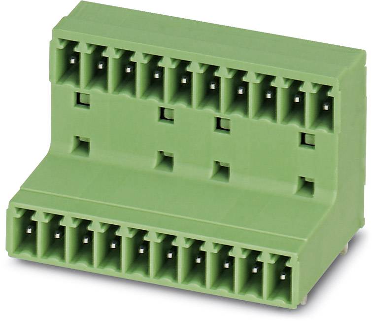 Bloc de connexion enfichable vert avec plusieurs bornes, pour montage sur circuit imprimé, adapté aux connexions électriques.