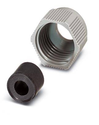 Deux pièces cylindriques : Un boîtier extérieur cannelé gris et un cylindre intérieur noir. Composants mécaniques de connexion.