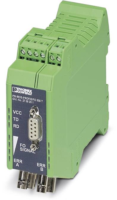 Module électronique vert pour applications industrielles avec connexions en haut et à l'avant, présentant des indicateurs de signaux et de statut.