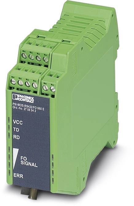 Un dispositif électronique vert avec plusieurs bornes de connexion et portant les étiquettes 'VCC', 'TD', 'RD', 'FO SIGNAL', 'ERR'.