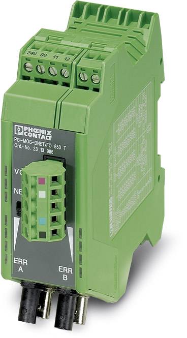 Appareil électrique vert, rectangulaire, doté de différentes prises de connexion et de voyants lumineux sur la façade avant, fabriqué par Phoenix Contact.